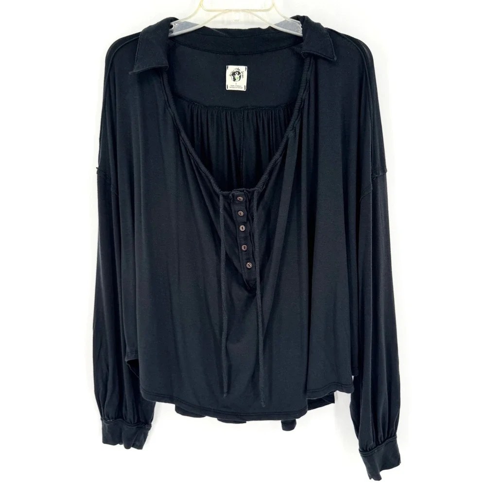 Free People Luna Tee Henley Peasant Black Size S Oversized Boho Festival Relaxed